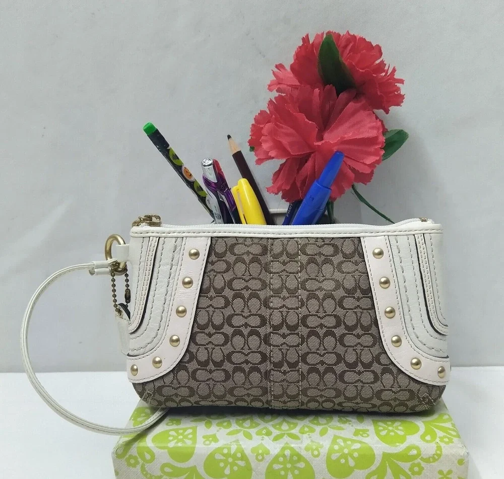 Coach Mini C Brown Canvas Leather Trim Studded Zipper Wristlet - Coin Wallet